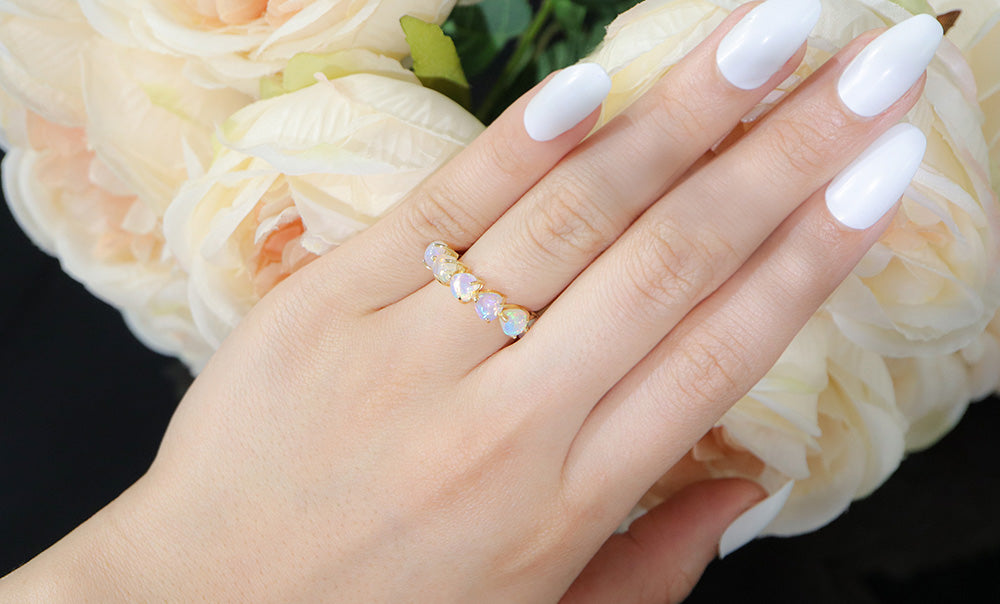 Opal Heart Cut Half Eternity Ring
